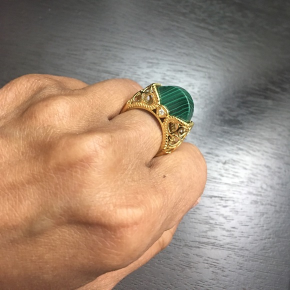 African Malachite & Natural White Zircon Ring in ION Plated 18K Yellow Gold Sz 7 - Picture 7 of 16
